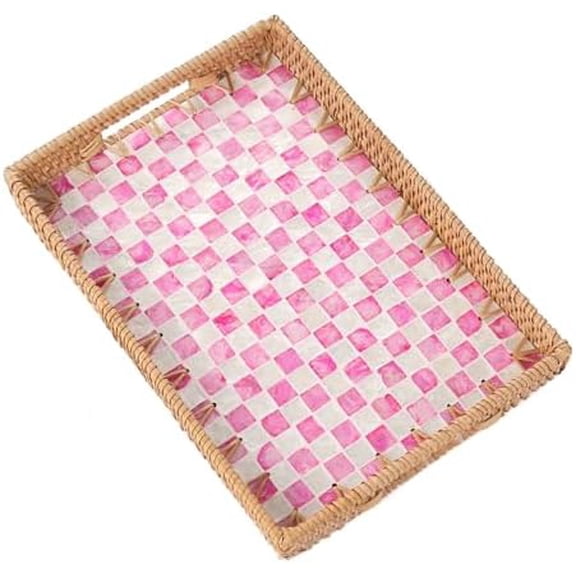 Rectangle Rattan Tray with Mother of Pearl Inlay, Rattan Serving Tray with Handle for Coffee, Bread, Fruits, Decorative Wicker Tray for Table Decor (Rectangle Pink Checkerboard, 13"×9")