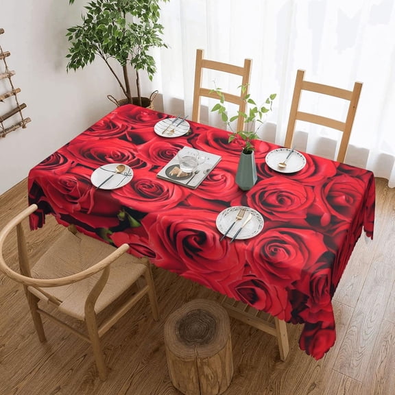 Rectangle Red Rose Tablecloth Floral Print Tablecloths Waterproof Wipeable Table Cloth Cover for Dinning Room 60" X 84",Romantic Valentine''s Day Dinner Decor
