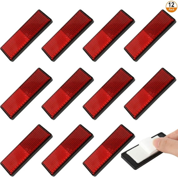 Rectangle Reflectors, Weatherproof High-quality Plastics, Multi-purpose Easy Install, High Brightness Self Adhesive For Motorcycle Bike, Red, Pack Of 12