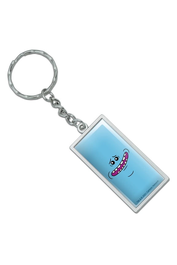 Rectangle Rick and Morty Mr. Meeseeks Face Keychain in Chrome Plated Metal