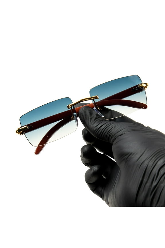 Rectangle Rimless Turquoise Gradient Tint Rimless Gold Frame Rectangle Woodgrain Square Sunglasses