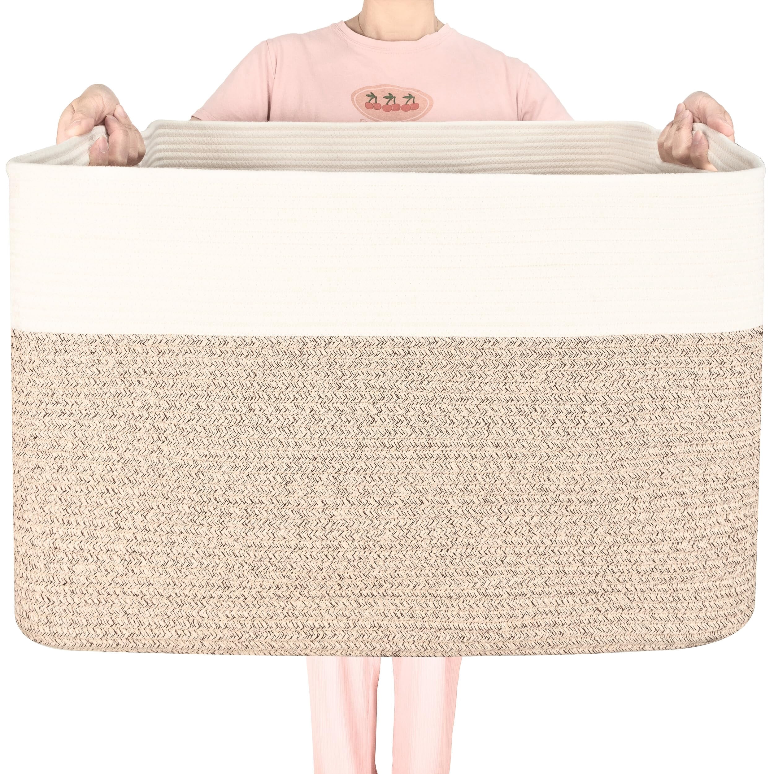Rectangle Rope Woven Storage Basket Light Brown 112L For Laundry, Towels, Blankets
