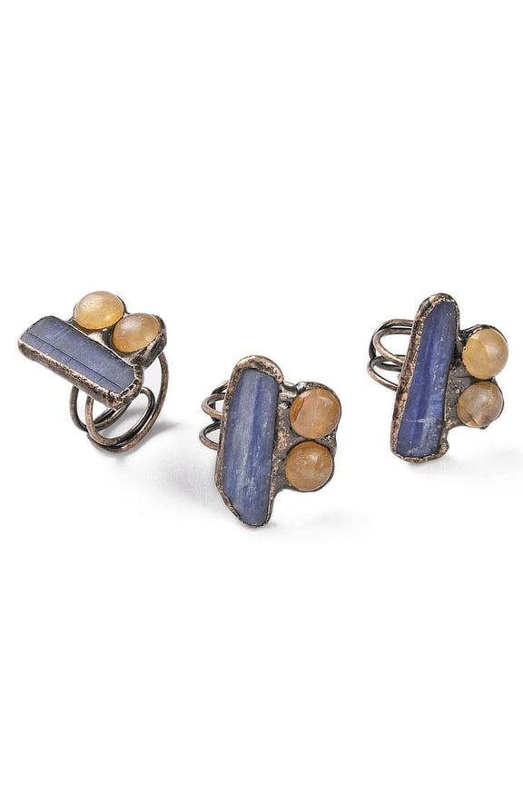 Rectangle Round Natural Kyanite Yellow Hematoid Quartz/Golden Healer Quartz Adjustable Rings Red Copper Tone Brass Ring for Women Inner Diameter: 19mm