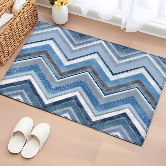 Rectangle Rug 2'x3' Blue Gradient Stripe Nordic Style Washable Area Rugs for Living Room Bedroom Entryway Non Slip Entrance Door Mat Indoor Floor Carpet White Ripple Geometric Abstract Art