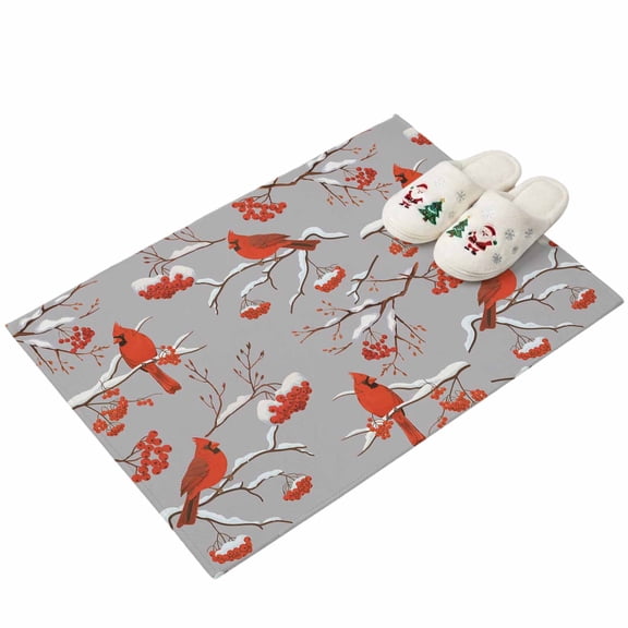 Rectangle Rug 2'x3' Christmas Cardinal Winter Snowflake Washable Area Rugs for Living Room Bedroom Entryway Non Slip Entrance Door Mat Indoor Floor Carpet Country Berry on Gray