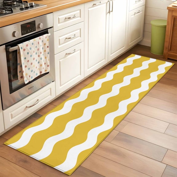 Rectangle Rug 2'x6' Yellow White Wave Striped Washable Area Rugs for Living Room Bedroom Entryway Non Slip Entrance Door Mat Indoor Floor Carpet Modern Chevron Stripe