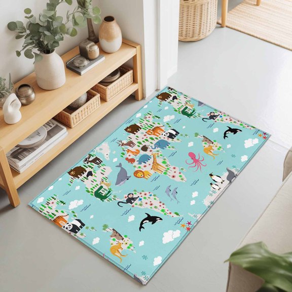 Rectangle Rug 2x3Ft Abstract Map Cartoon Animals Soft Indoor Throw Rugs Carpets for Living Dining Bedroom Non-Slip Playroom Crawl Rug Floor Mats Blue Ocean Cloud Palm Tree