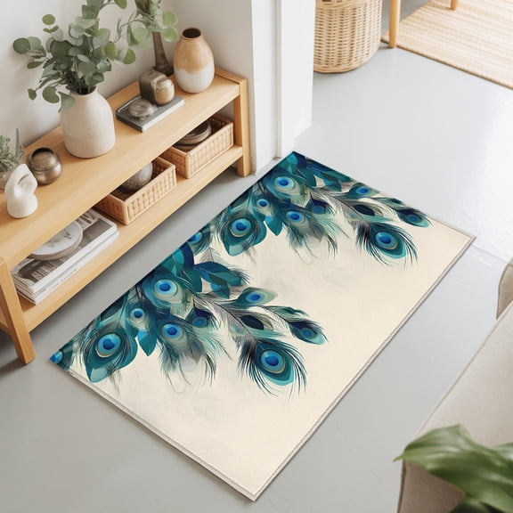 Rectangle Rug 2x3Ft Abstract Peacock Feather on Beige Soft Indoor Throw Rugs Carpets for Living Dining Bedroom Non-Slip Playroom Crawl Rug Floor Mats Animal Plume Art
