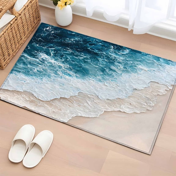 Rectangle Rug 2x3Ft, Abstract Watercolor Marine Beach Soft Non-Slip Washable Felt Carpet Pad, Modern Ocean Sea Wave Area Rugs for Living Room Bedroom Kids Room