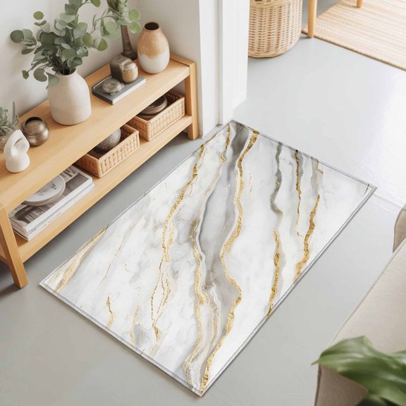 Rectangle Rug 2x3Ft Abstract White Marble Texture Soft Indoor Throw Rugs Carpets for Living Dining Bedroom Non-Slip Playroom Crawl Rug Floor Mats Retro Golden Veins Seamless
