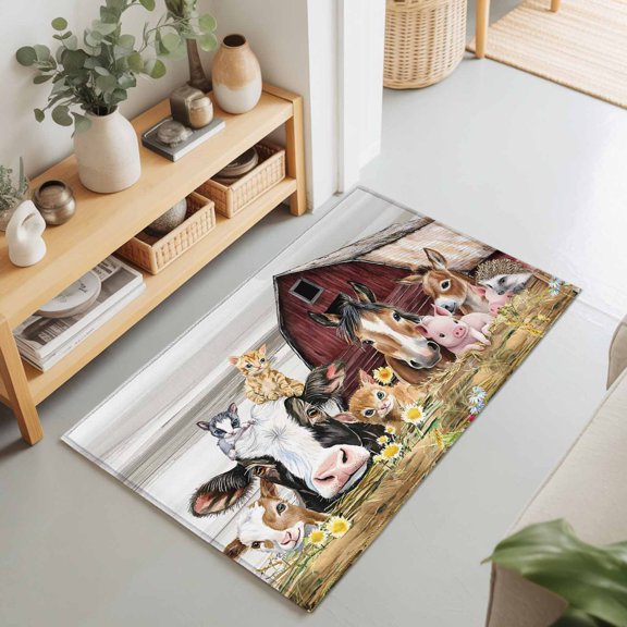Rectangle Rug 2x3Ft Animal Pig Cow Farm Barn Soft Indoor Throw Rugs Carpets for Living Dining Bedroom Non-Slip Playroom Crawl Rug Floor Mats Retro Fence Country Wheat Harvest