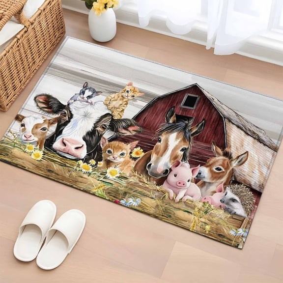 Rectangle Rug 2x3Ft, Animal Pig Cow Farm Barn Soft Non-Slip Washable Felt Carpet Pad, Retro Fence Country Wheat Harvest Area Rugs for Living Room Bedroom Kids Room