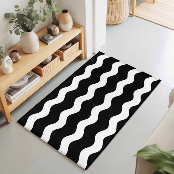 Rectangle Rug 2x3Ft Black and White Wave Stripe Soft Indoor Throw Rugs Carpets for Living Dining Bedroom Non-Slip Playroom Crawl Rug Floor Mats Modern Minimalist Lines Art