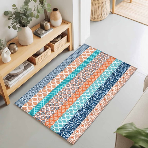 Rectangle Rug 2x3Ft Boho Orange Abstract Geometric Soft Indoor Throw Rugs Carpets for Living Dining Bedroom Non-Slip Playroom Crawl Rug Floor Mats Morocco Ethnic Damask Floral