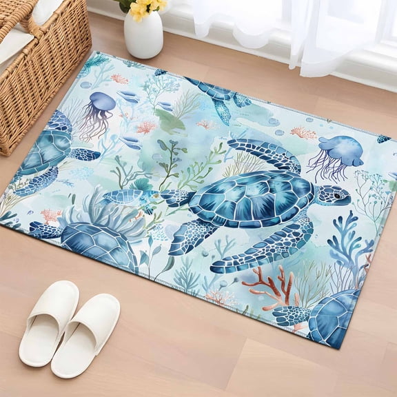 Rectangle Rug 2x3Ft, Cartoon Sea Turtle Blue Coral Jellyfish Soft Non-Slip Washable Felt Carpet Pad, Marine Life Ocean World Area Rugs for Living Room Bedroom Kids Room