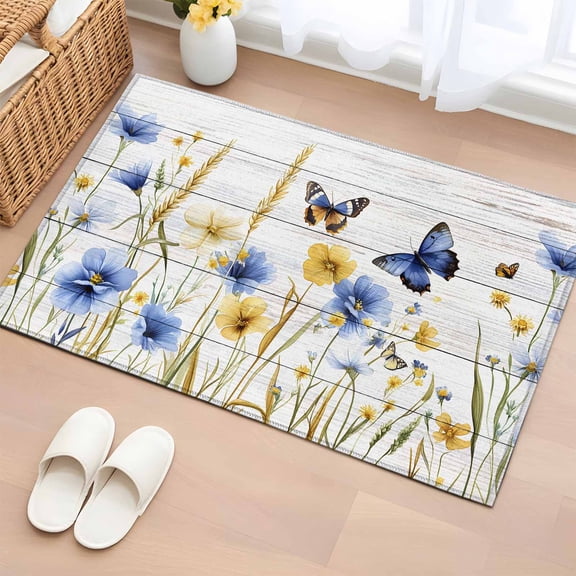 Rectangle Rug 2x3Ft, Country Flowers Butterflies Soft Non-Slip Washable Felt Carpet Pad, Yellow Blue Floral on Wood Area Rugs for Living Room Bedroom Kids Room