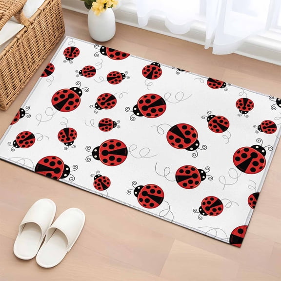 Rectangle Rug 2x3Ft, Country Ladybug Pastoral Animal Soft Non-Slip Washable Felt Carpet Pad, Watercolor Red Black Dot Area Rugs for Living Room Bedroom Kids Room