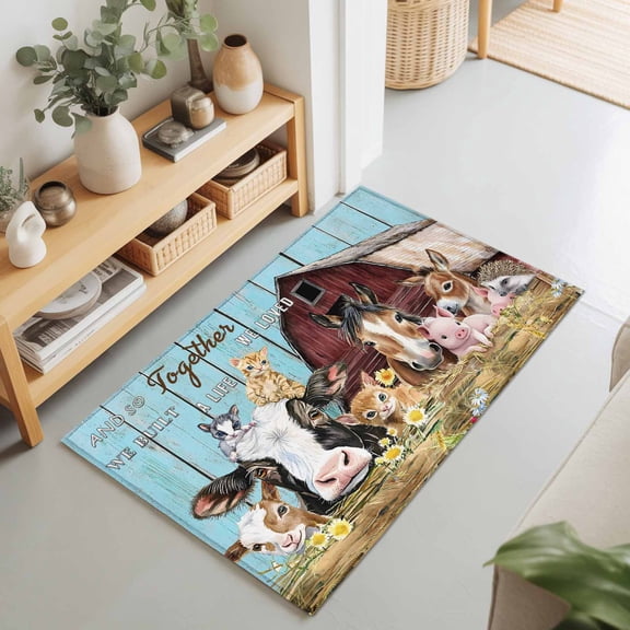 Rectangle Rug 2x3Ft Farm Pig Horse Rabbit Barn Fence Wheat Soft Indoor Throw Rugs Carpets for Living Dining Bedroom Non-Slip Playroom Crawl Rug Floor Mats Vintage Blue Wood Board