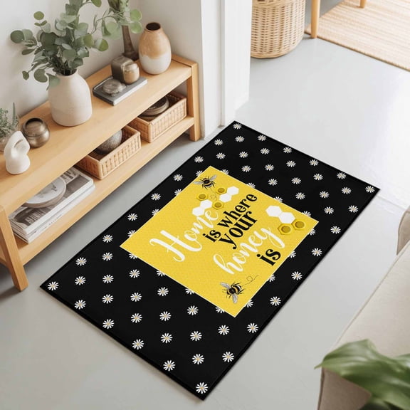 Rectangle Rug 2x3Ft Farmhouse Bee Honeycomb Yellow Soft Indoor Throw Rugs Carpets for Living Dining Bedroom Non-Slip Playroom Crawl Rug Floor Mats Honey Home Quote Polka Dot