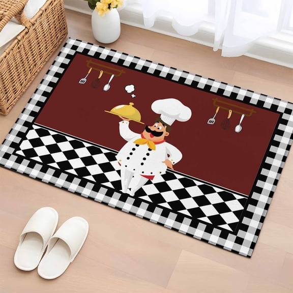 Rectangle Rug 2x3Ft Funny Chef Food Cutlery Soft Indoor Throw Rugs Carpets for Living Dining Bedroom Kids Room Non-Slip Playroom Crawl Rug Floor Mats Black White Plaid Dark Maroon