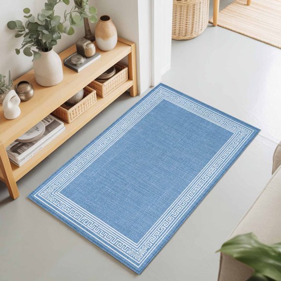 Rectangle Rug 2x3Ft Greece Sky Blue Key Design Soft Indoor Throw Rugs Carpets for Living Dining Bedroom Non-Slip Playroom Crawl Rug Floor Mats Farm Linen Geometric Art