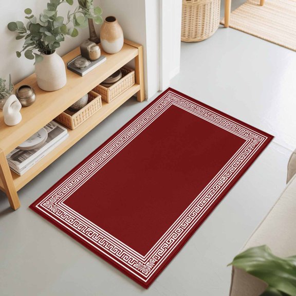 Rectangle Rug 2x3Ft Greek Abstract Inspired Key Pattern Soft Indoor Throw Rugs Carpets for Living Dining Bedroom Non-Slip Playroom Crawl Rug Floor Mats Geometric Twist Line on Red