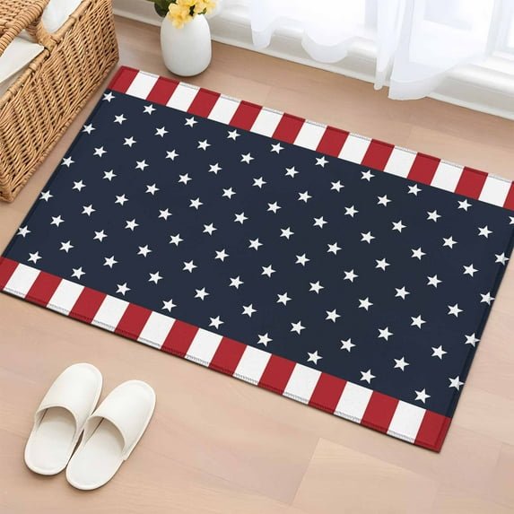 Rectangle Rug 2x3Ft, Independence Day Patriotic Stars on Blue Soft Non-Slip Washable Felt Carpet Pad, Red White Stripes Border Area Rugs for Living Room Bedroom Kids Room