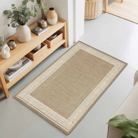Rectangle Rug 2x3Ft Key Design Vintage Light Brown Soft Indoor Throw Rugs Carpets for Living Dining Bedroom Non-Slip Playroom Crawl Rug Floor Mats Greece Inspired Pattern Flax