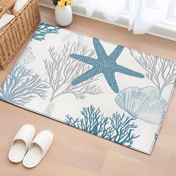 Rectangle Rug 2x3Ft Marine Coral Starfish Ocean Shell Soft Indoor Throw Rugs Carpets for Living Dining Bedroom Kids Room Non-Slip Playroom Crawl Rug Floor Mats Underwater World Aqua Gray
