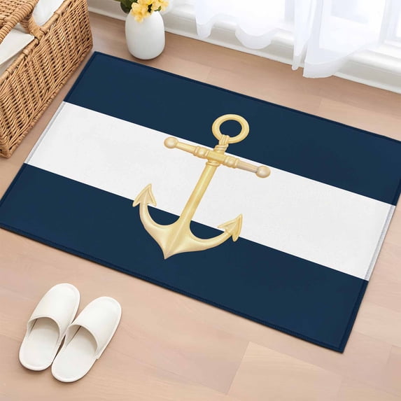 Rectangle Rug 2x3Ft Marine Navy Blue White Color Block Soft Indoor Throw Rugs Carpets for Living Dining Bedroom Kids Room Non-Slip Playroom Crawl Rug Floor Mats Nautical Gold Anchor