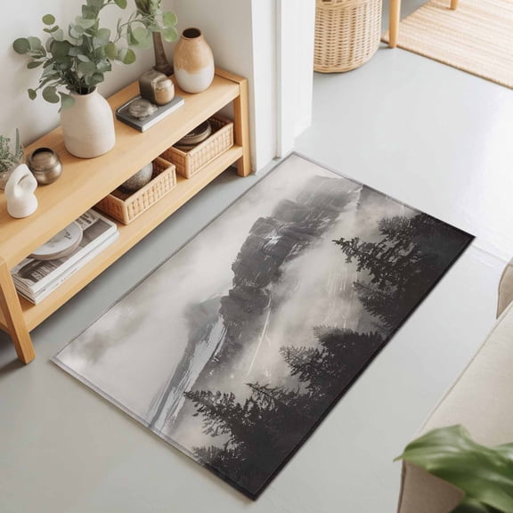 Rectangle Rug 2x3Ft Misty Snow Mountains Soft Indoor Throw Rugs Carpets for Living Dining Bedroom Non-Slip Playroom Crawl Rug Floor Mats Forest Landscape Grey