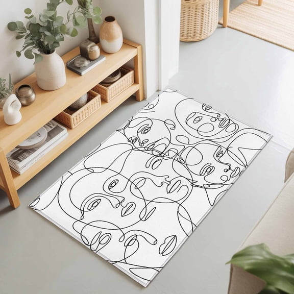 Rectangle Rug 2x3Ft Modern Character Face Abstract Line Arts Soft Indoor Throw Rugs Carpets for Living Dining Bedroom Non-Slip Playroom Crawl Rug Floor Mats White