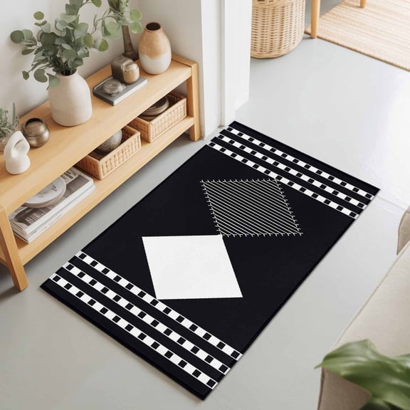 Rectangle Rug 2x3Ft Modern Minimalist Diamond Soft Indoor Throw Rugs Carpets for Living Dining Bedroom Non-Slip Playroom Crawl Rug Floor Mats Abstract Black White Geometric Style