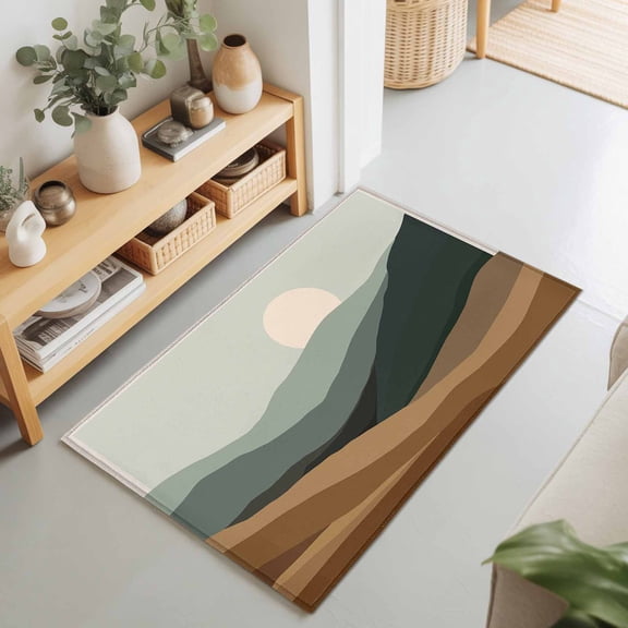 Rectangle Rug 2x3Ft Natural Scenery Abstract Sunset Soft Indoor Throw Rugs Carpets for Living Dining Bedroom Non-Slip Playroom Crawl Rug Floor Mats Mountain Brown Green Stripe