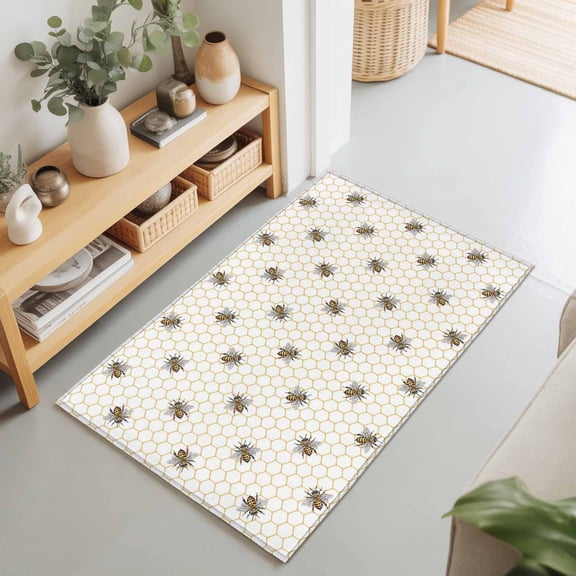 Rectangle Rug 2x3Ft Pastoral Farm Bee Honeycomb Soft Indoor Throw Rugs Carpets for Living Dining Bedroom Non-Slip Playroom Crawl Rug Floor Mats Rustic Abstract Hexagon