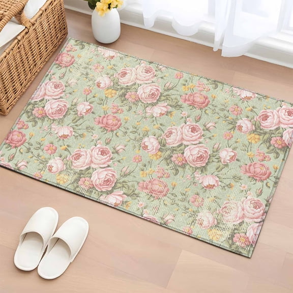 Rectangle Rug 2x3Ft, Pink Rose Classic Flower Soft Non-Slip Washable Felt Carpet Pad, Leaves Plant Sage Green Area Rugs for Living Room Bedroom Kids Room