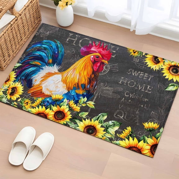 Rectangle Rug 2x3Ft, Rustic Sunflower Rooster Retro Blackboard Soft Non-Slip Washable Felt Carpet Pad, Watercolor Animal Area Rugs for Living Room Bedroom Kids Room