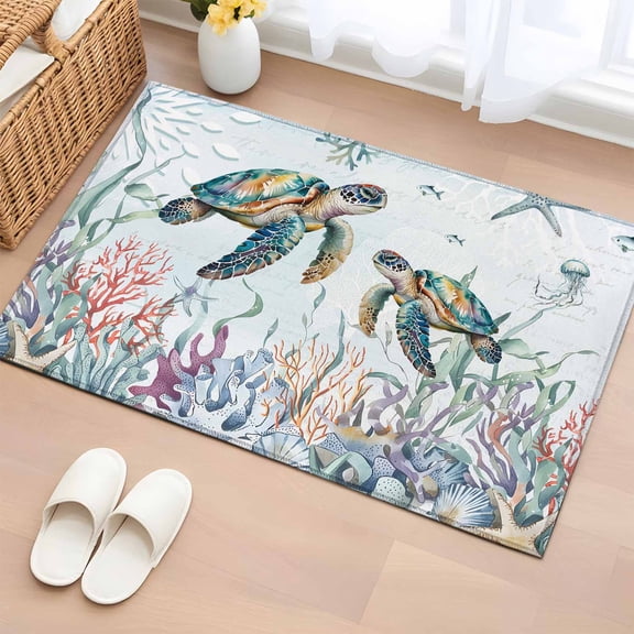 Rectangle Rug 2x3Ft Sea Turtle Coral Seaweed Soft Indoor Throw Rugs Carpets for Living Dining Bedroom Kids Room Non-Slip Playroom Crawl Rug Floor Mats Summer Coastal Nautical Theme
