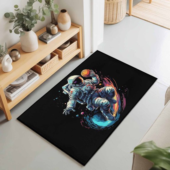 Rectangle Rug 2x3Ft Space Man Playing Basketball Sport Soft Indoor Throw Rugs Carpets for Living Dining Bedroom Non-Slip Playroom Crawl Rug Floor Mats Ball Game on Black