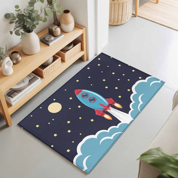 Rectangle Rug 2x3Ft Space Rocket Moon Star Soft Indoor Throw Rugs Carpets for Living Dining Bedroom Non-Slip Playroom Crawl Rug Floor Mats Cartoon Style