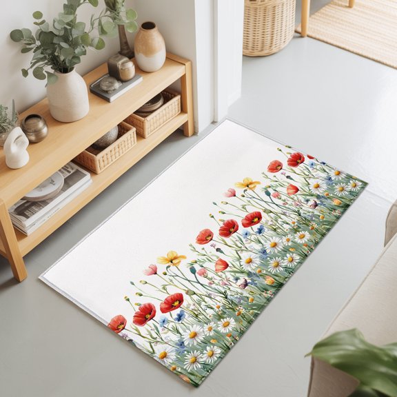 Rectangle Rug 2x3Ft Spring Colorful Wild Flowers Soft Indoor Throw Rugs Carpets for Living Dining Bedroom Non-Slip Playroom Crawl Rug Floor Mats Pastoral Watercolor Daisy Bud