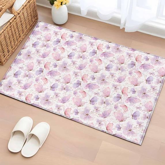 Rectangle Rug 2x3Ft Spring Watercolor Butterfly on White Soft Indoor Throw Rugs Carpets for Living Dining Bedroom Kids Room Non-Slip Playroom Crawl Rug Floor Mats Pink Purple Insects