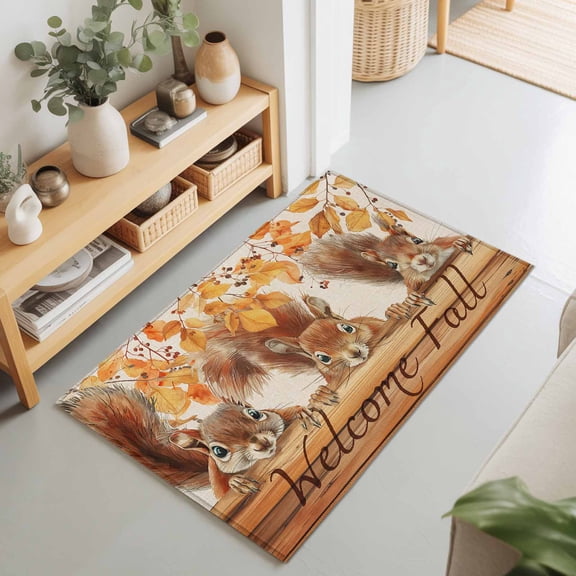 Rectangle Rug 2x3Ft Squirrel Autumn Tree Deciduous Farm Animal Soft Indoor Throw Rugs Carpets for Living Dining Bedroom Non-Slip Playroom Crawl Rug Floor Mats Vintage Wood Board