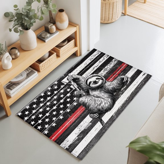 Rectangle Rug 2x3Ft USA Flag Red Line Firefighter with Sloth Soft Indoor Throw Rugs Carpets for Living Dining Bedroom Non-Slip Playroom Crawl Rug Floor Mats Wooden Texture
