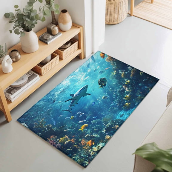 Rectangle Rug 2x3Ft Underwater World Ocean Shark Fish Soft Indoor Throw Rugs Carpets for Living Dining Bedroom Non-Slip Playroom Crawl Rug Floor Mats Coral Seaweed Marine Life
