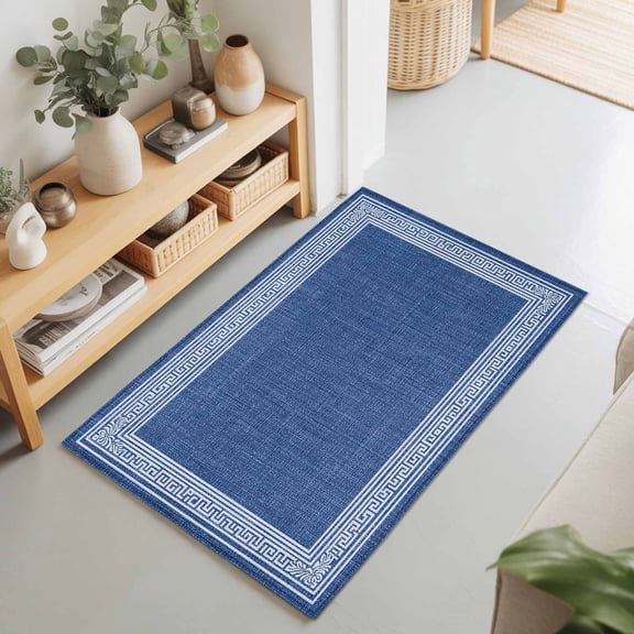 Rectangle Rug 2x3Ft Vintage Key Design Navy Blue Soft Indoor Throw Rugs Carpets for Living Dining Bedroom Non-Slip Playroom Crawl Rug Floor Mats Greece Inspired Stripe