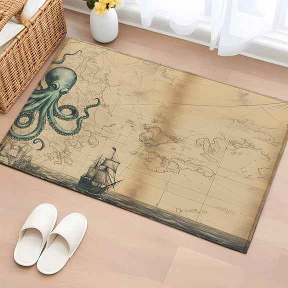 Rectangle Rug 2x3Ft Vintage World Map Ocean Octopus Soft Indoor Throw Rugs Carpets for Living Dining Bedroom Kids Room Non-Slip Playroom Crawl Rug Floor Mats Nautical Sailing Boat Brown
