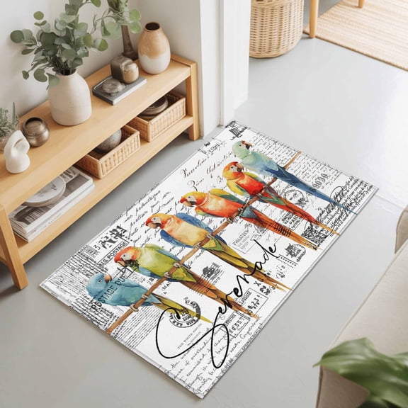 Rectangle Rug 2x3Ft Watercolor Parrot on Vintage Postcard Soft Indoor Throw Rugs Carpets for Living Dining Bedroom Non-Slip Playroom Crawl Rug Floor Mats Colorful Bird Letter Texture