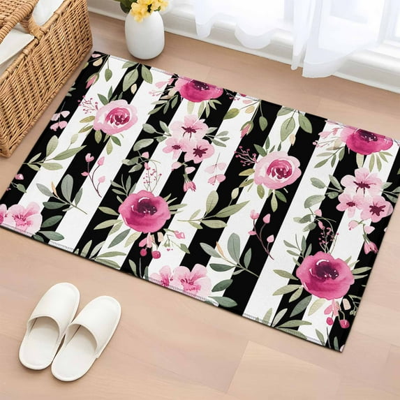 Rectangle Rug 2x3Ft, Watercolor Pink Floral Soft Non-Slip Washable Felt Carpet Pad, Black and White Stripes Area Rugs for Living Room Bedroom Kids Room