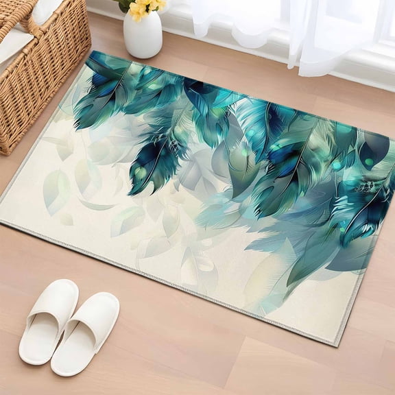 Rectangle Rug 2x3Ft Watercolor Realistic Peacock Feathers Soft Indoor Throw Rugs Carpets for Living Dining Bedroom Kids Room Non-Slip Playroom Crawl Rug Floor Mats Teal Art